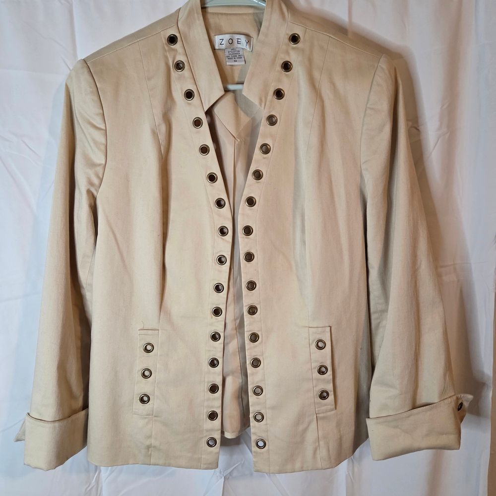 Y2K Grommet Jacket Cream Utility Military Style Cotton Stretch Minimalist Sz 10 - Picture 2 of 10